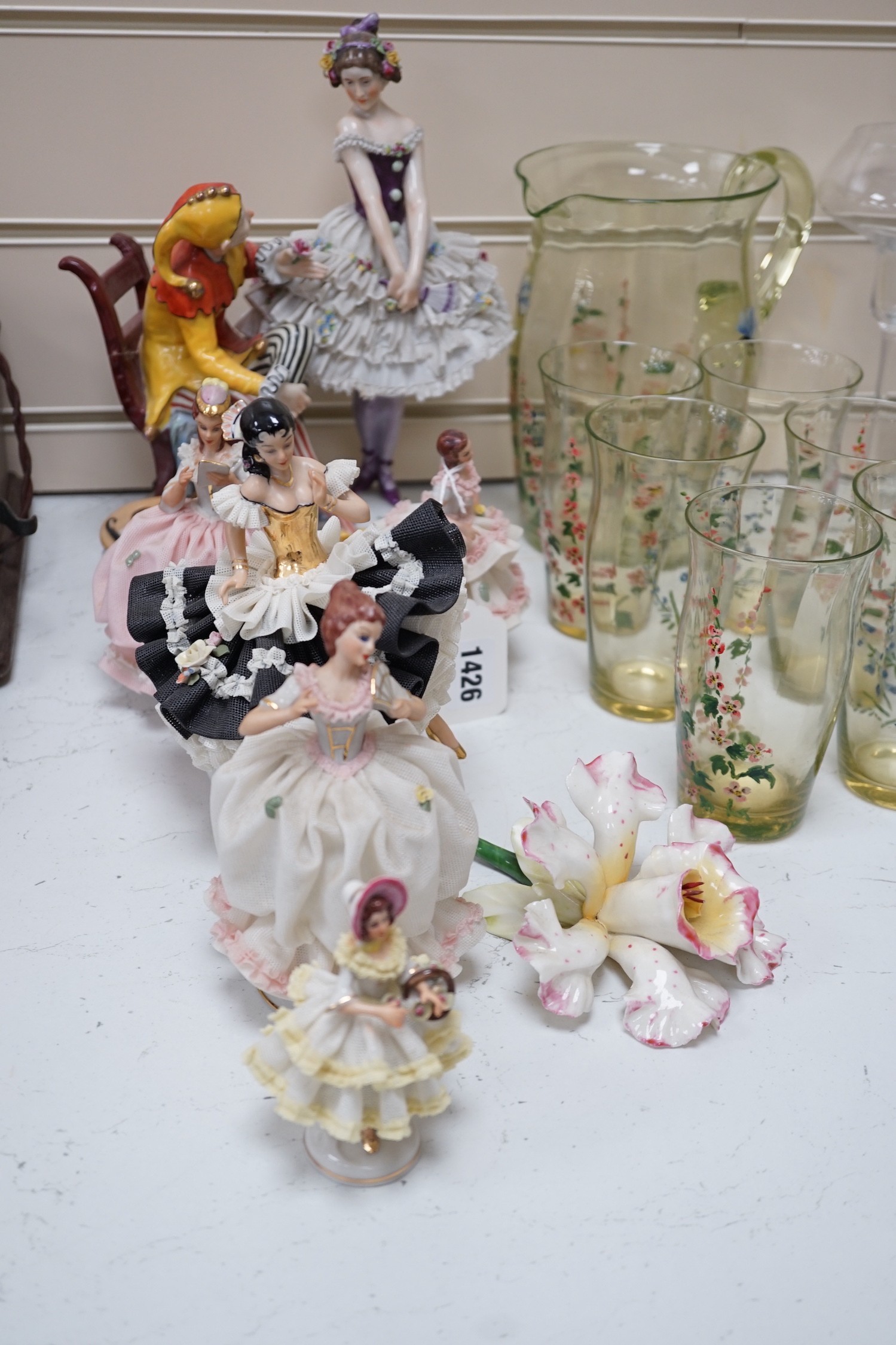 Six porcelain figures, a Murano labelled two handled dish and mixed glassware